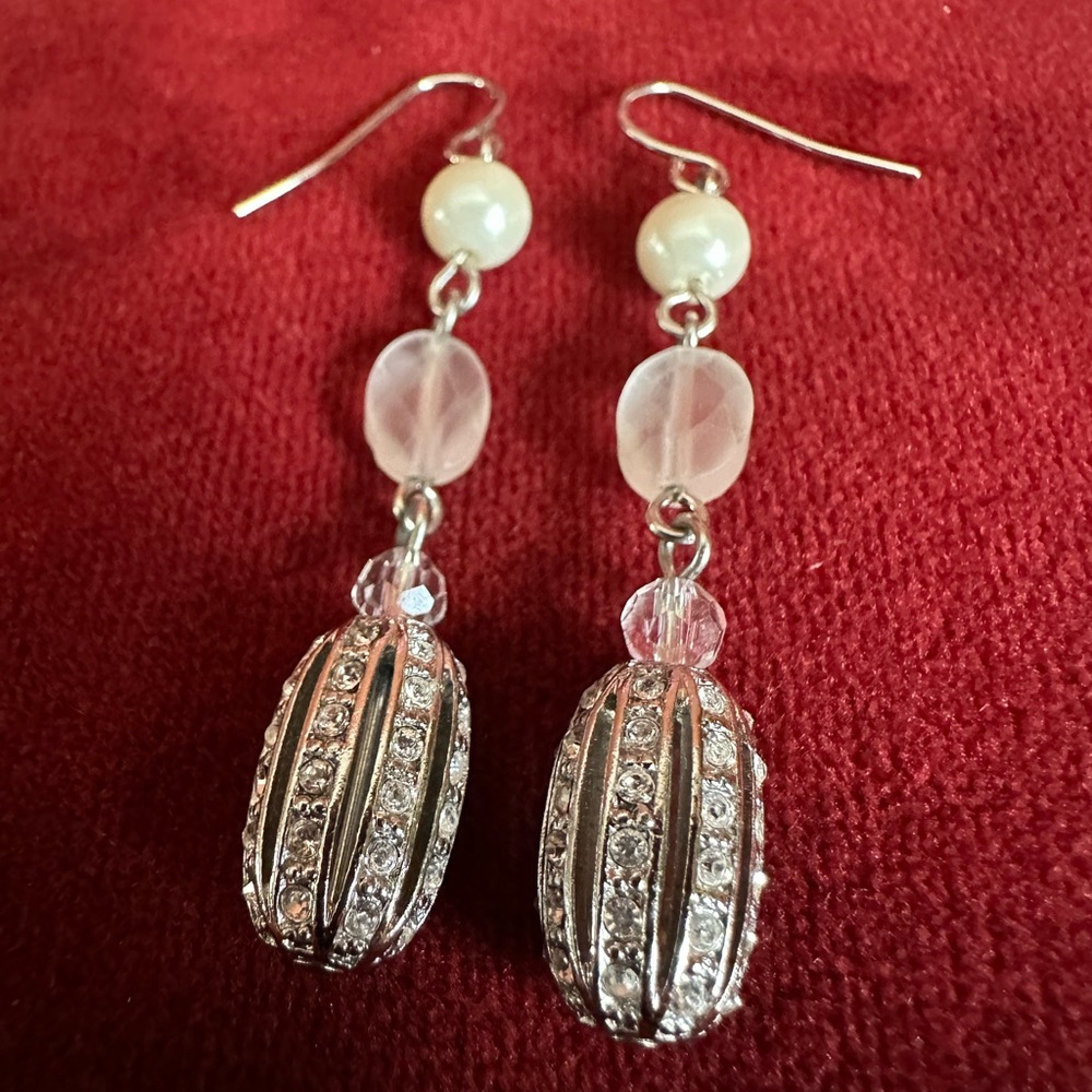 Vintage Silver Crystal Drop Earrings with White and Light Pink Beads